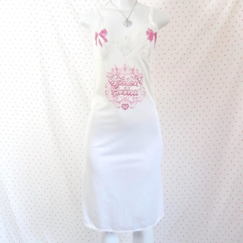 Vintage Y2K White Lace Trim Slip Dress Bow Midi Small